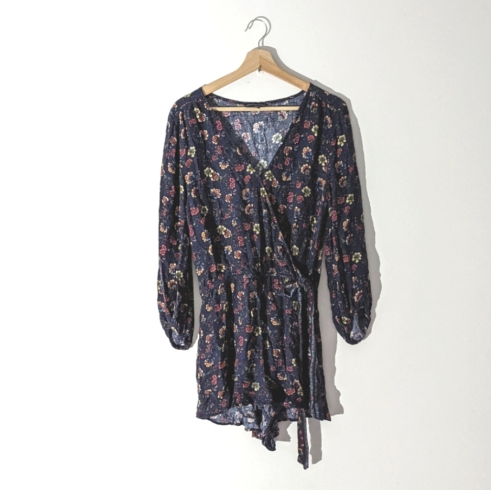 American Eagle Navy Floral Long sleeve Surplice Romper